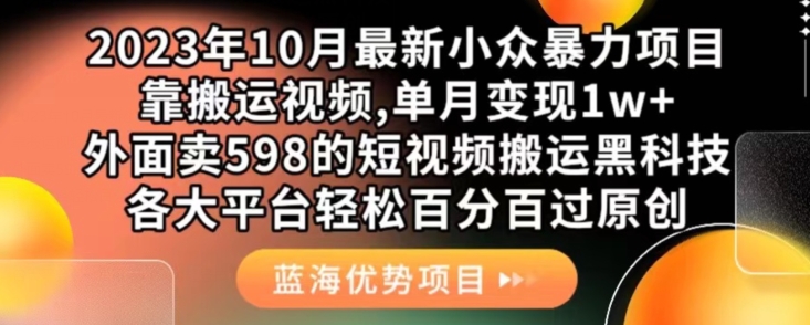 2023年10月最新小众暴力项目，靠搬运视频,单月变现1w+，外面卖598的短视频搬运黑科技，各大平台轻松百分百过原创-桐创网