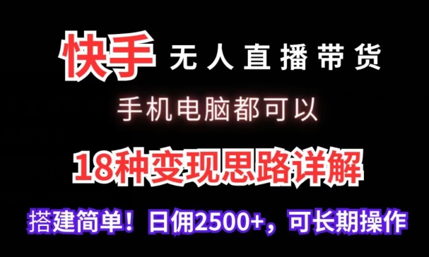 快手无人直播带货，手机电脑都可以，18种变现思路详解，搭建简单日佣2500+-桐创网