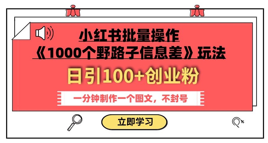 小红书批量操作《1000个野路子信息差》玩法，一分钟制作一个图文，不封号，日引100+创业粉-桐创网