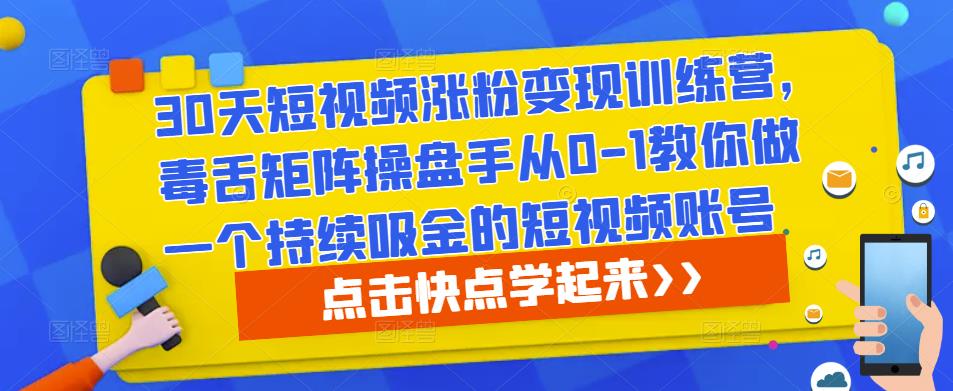 30天短视频涨粉变现训练营，毒舌矩阵操盘手从0-1教你做一个持续吸金的短视频账号-桐创网