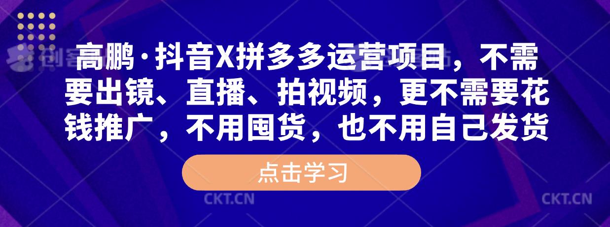 高鹏·抖音X拼多多运营项目，不需要出镜、直播、拍视频，不需要花钱推广，不用囤货，不用自己发货-桐创网