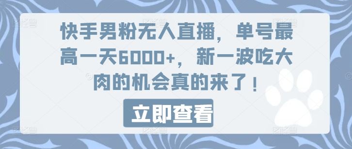 快手男粉无人直播，单号最高一天6000+，新一波吃大肉的机会真的来了-桐创网