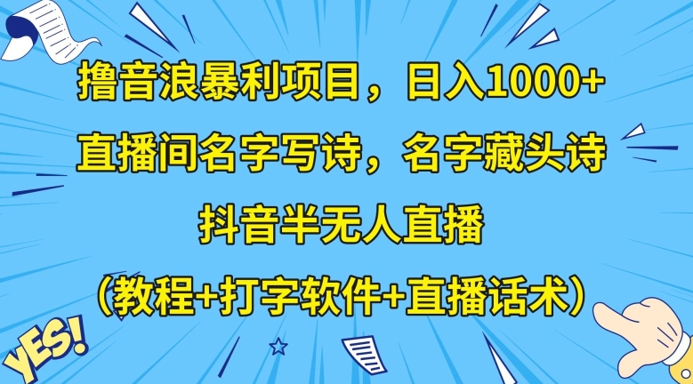 撸音浪暴利项目，日入1000+，直播间名字写诗，名字藏头诗，抖音半无人直播（教程+打字软件+直播话术）【揭秘】-桐创网