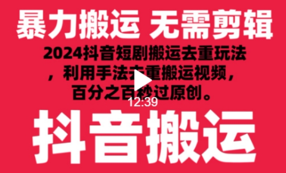 2024最新抖音搬运技术，抖音短剧视频去重，手法搬运，利用工具去重，达到秒过原创的效果-桐创网