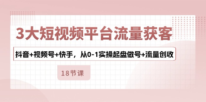 3大短视频平台流量获客，抖音+视频号+快手，从0-1实操起盘做号+流量创收-桐创网