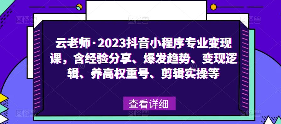 云老师·2023抖音小程序专业变现课，含经验分享、爆发趋势、变现逻辑、养高权重号、剪辑实操等-桐创网